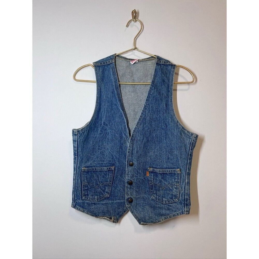 Vintage Orange Tab Levi’s Denim Vest Made in USA Snaps Custom Brooch