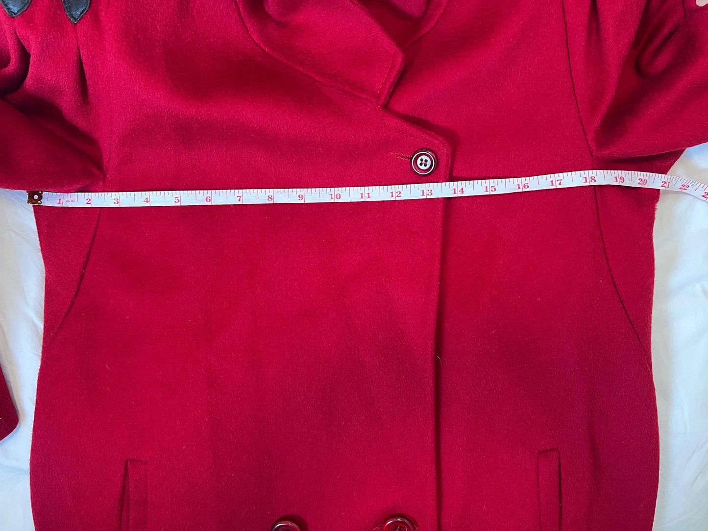 Vintage Andrea Red Pea Coat Leather Detail