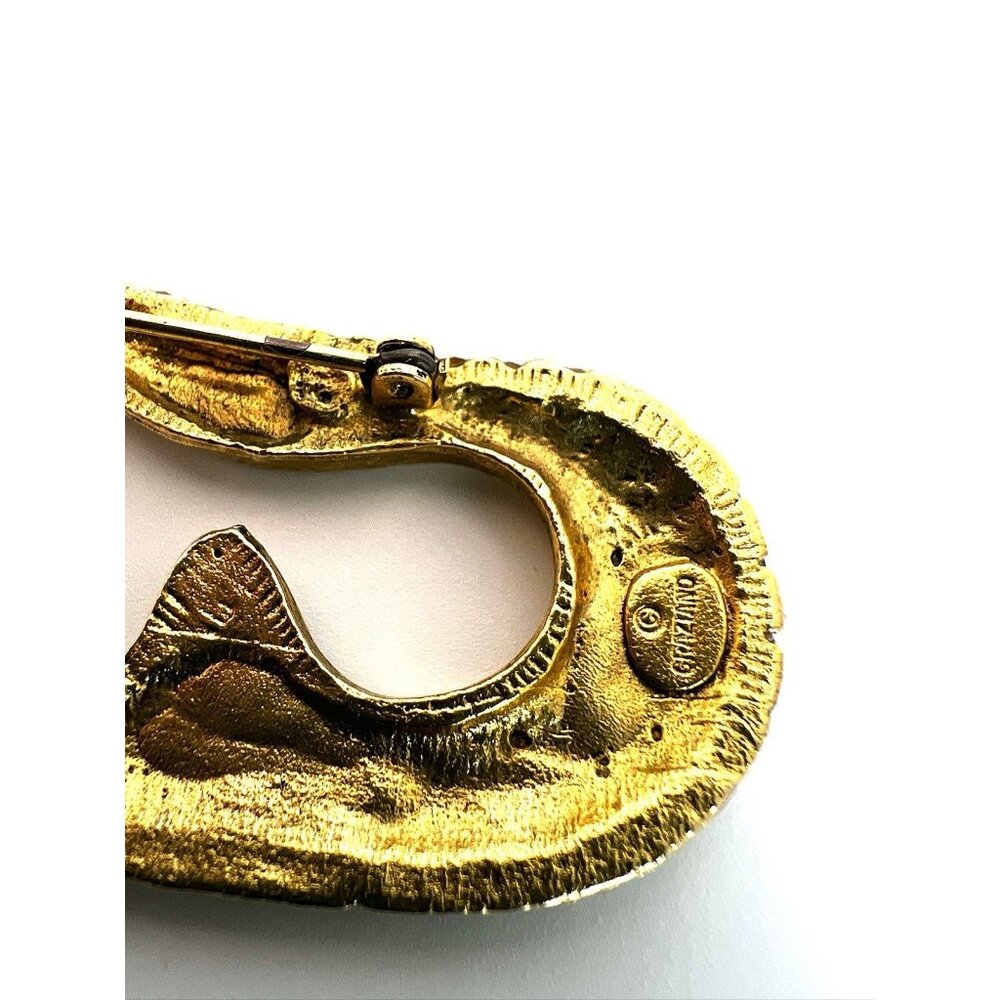 Vintage Signed Graziano Pin Safety Pin Brooch Rhinestone Gold Large