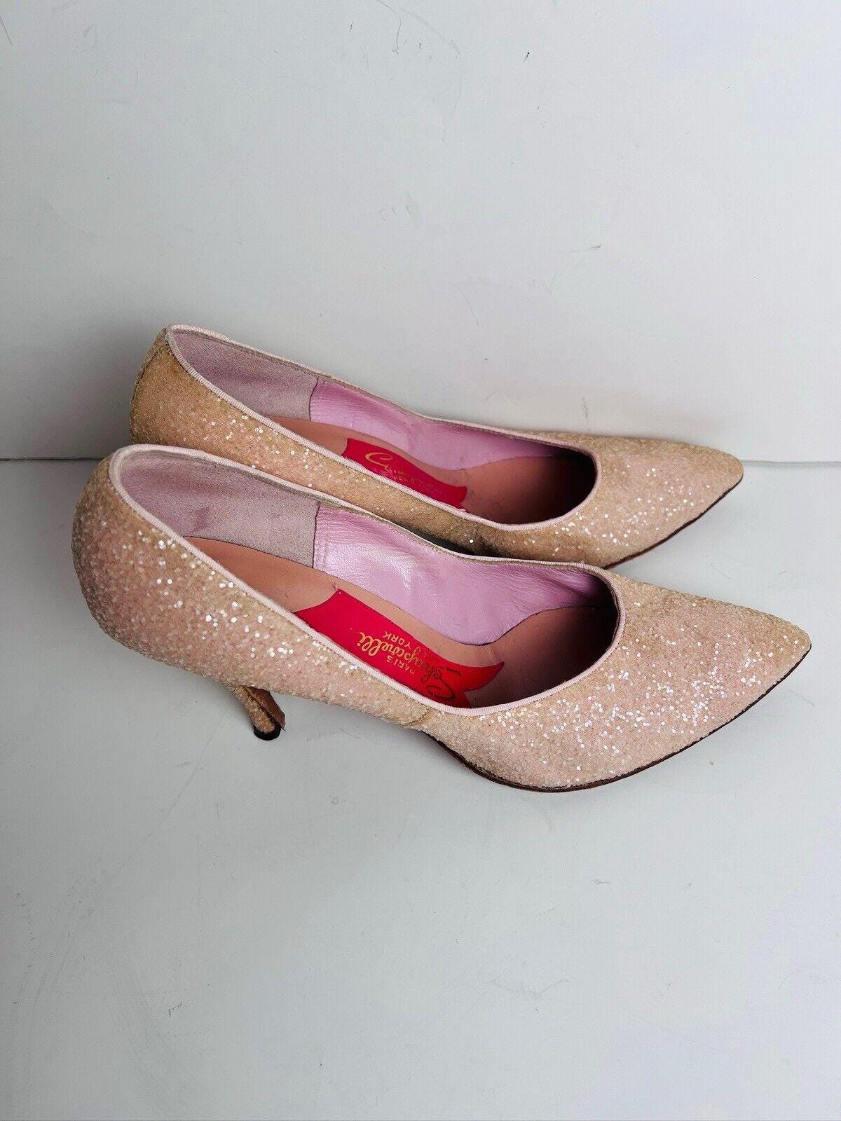 Vintage Schiaparelli Light Pink Glitter Heels 9B Stiletto