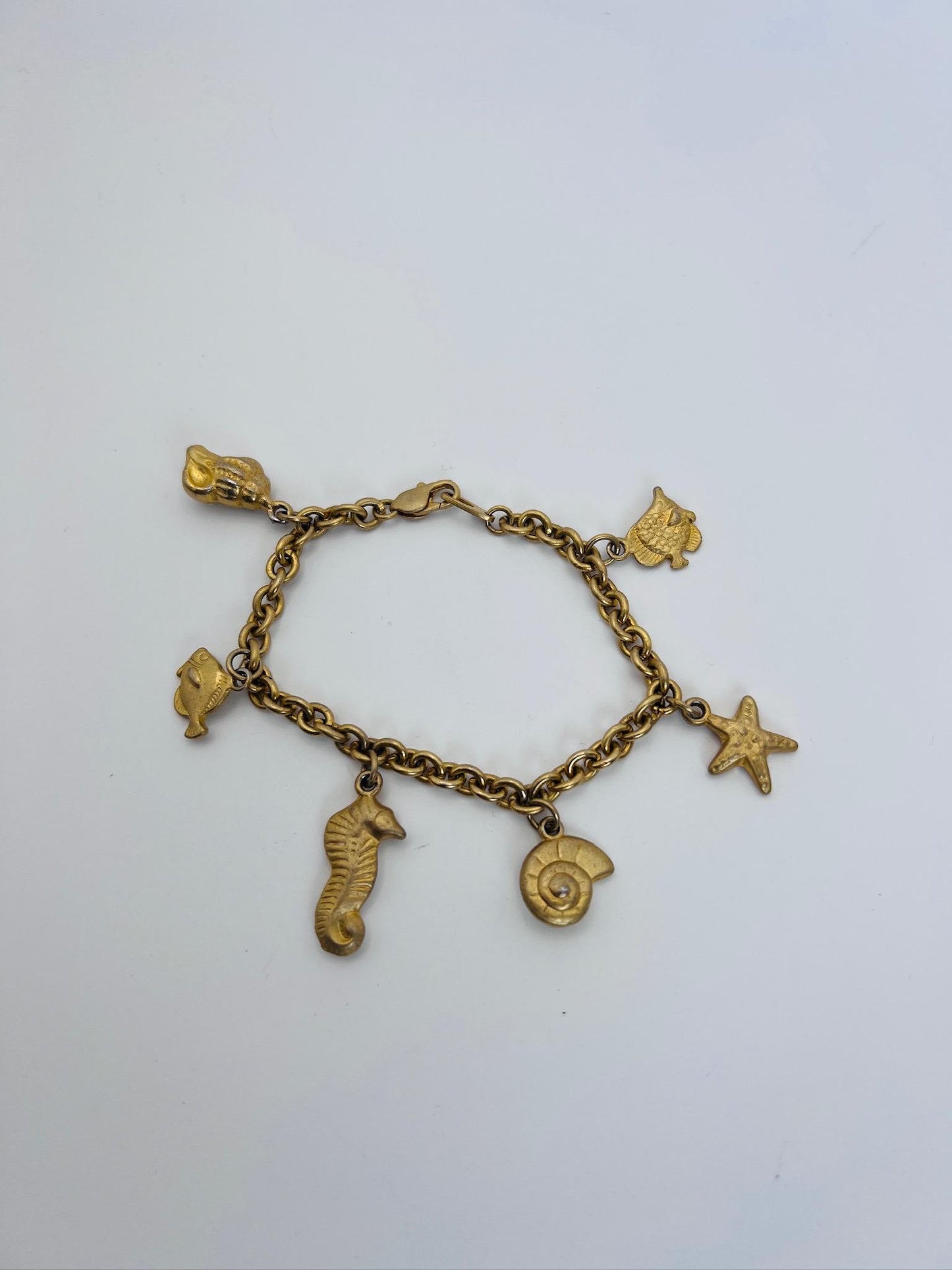 Vintage Seashell Gold Tone Charm Bracelet