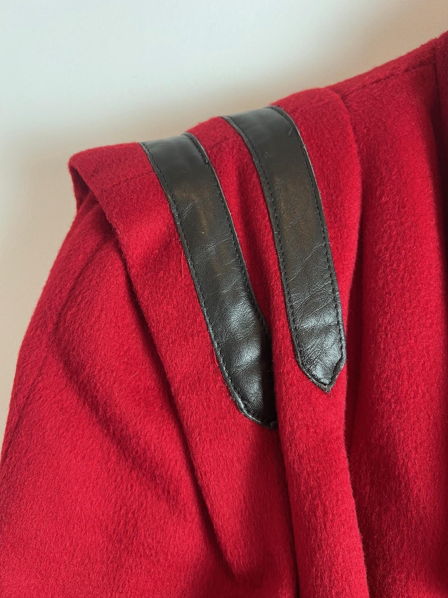 Vintage Andrea Red Pea Coat Leather Detail
