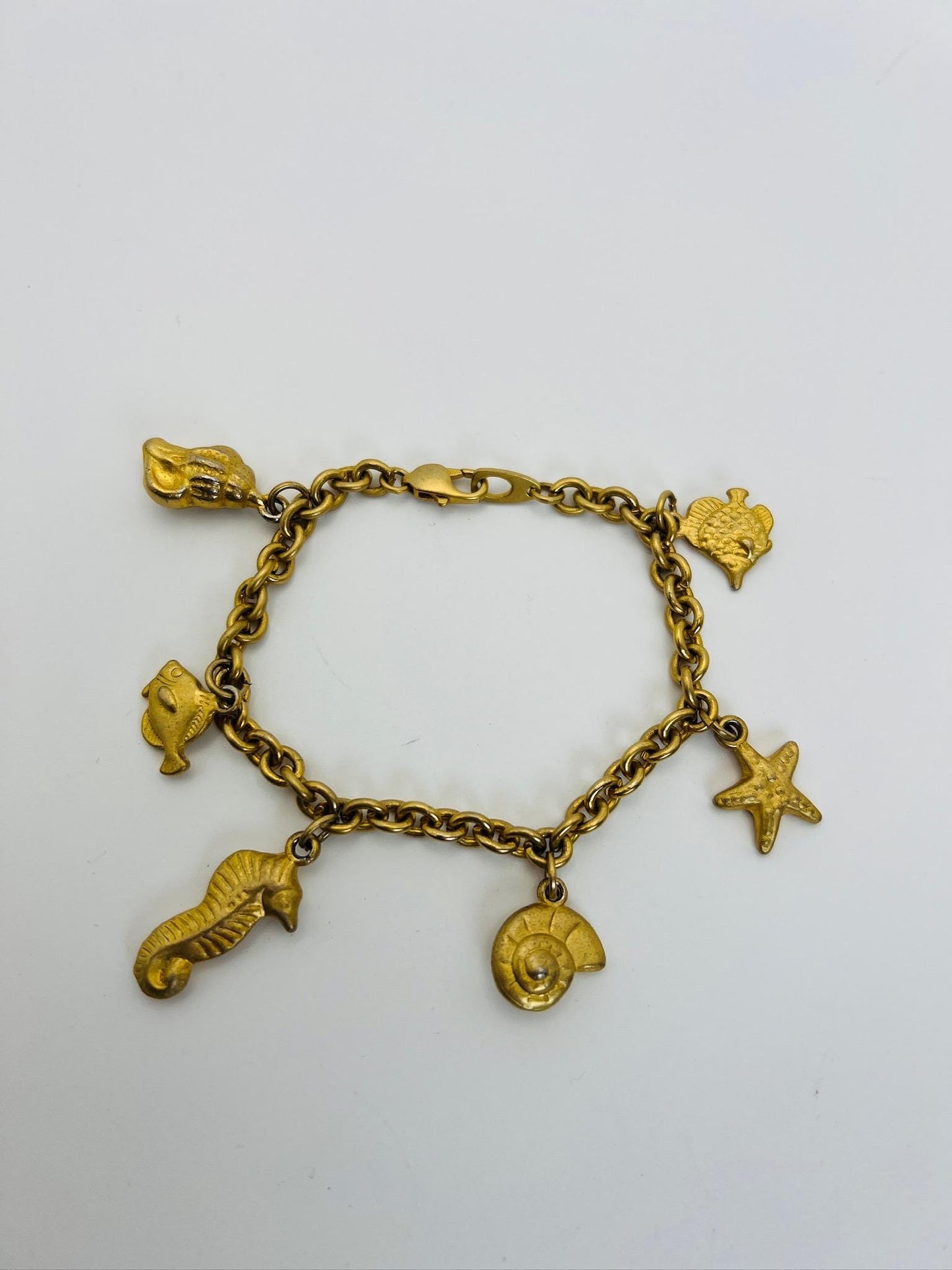 Vintage Seashell Gold Tone Charm Bracelet