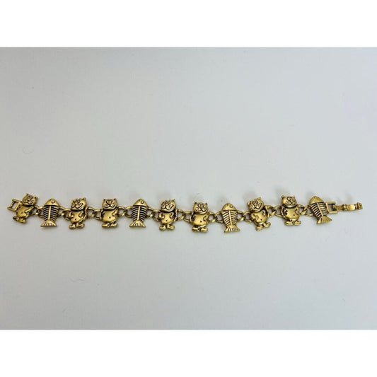 Adorable Vintage Gold Tone Kitten/Cats Fish Charm Bracelet