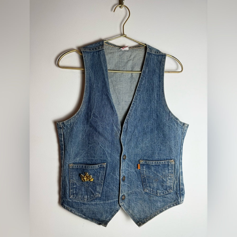 Vintage Orange Tab Levi’s Denim Vest Made in USA Snaps Custom Brooch