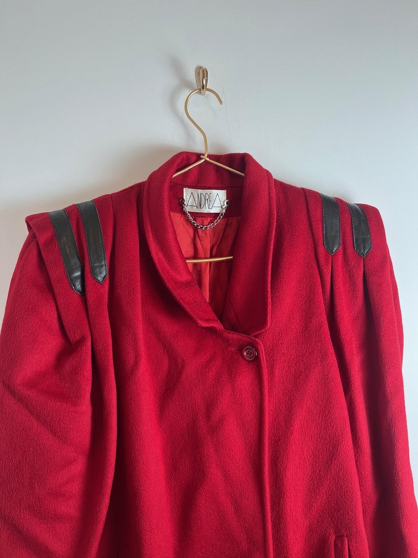 Vintage Andrea Red Pea Coat Leather Detail