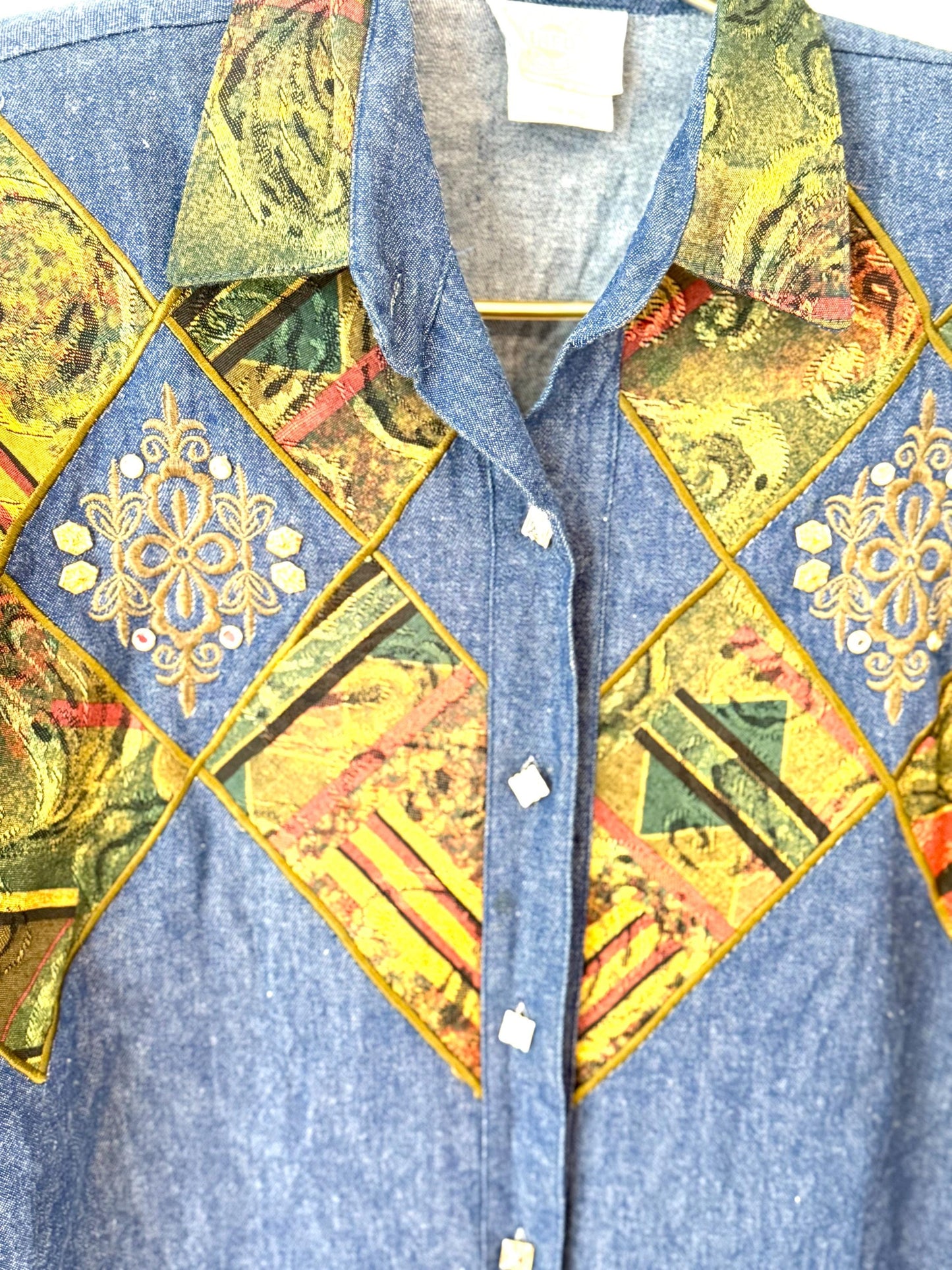 Vintage denim western USA info button down small 90s