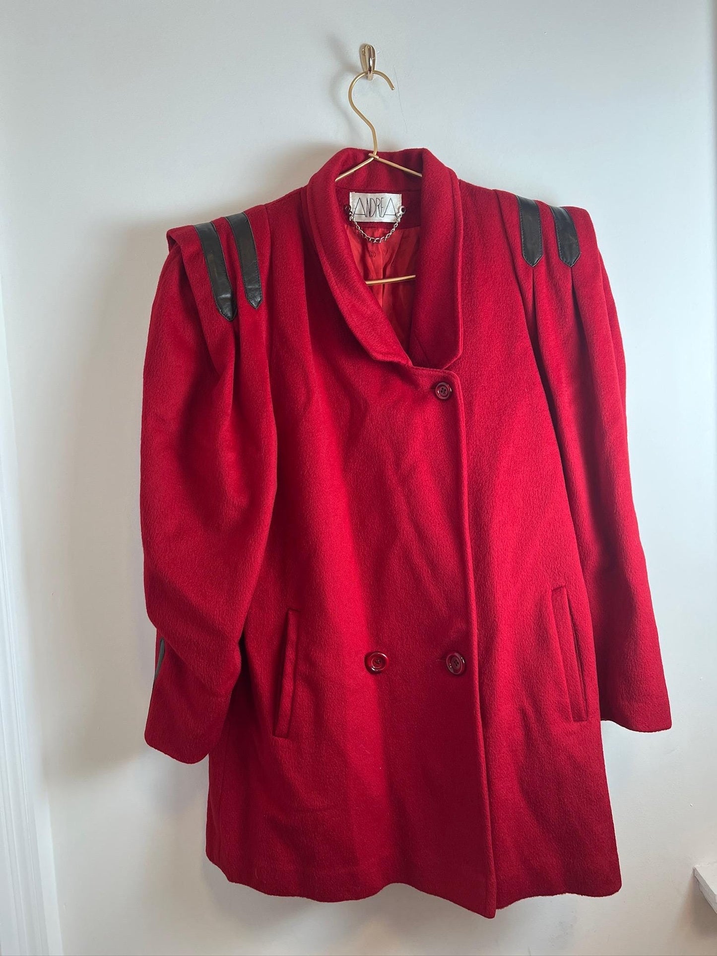 Vintage Andrea Red Pea Coat Leather Detail