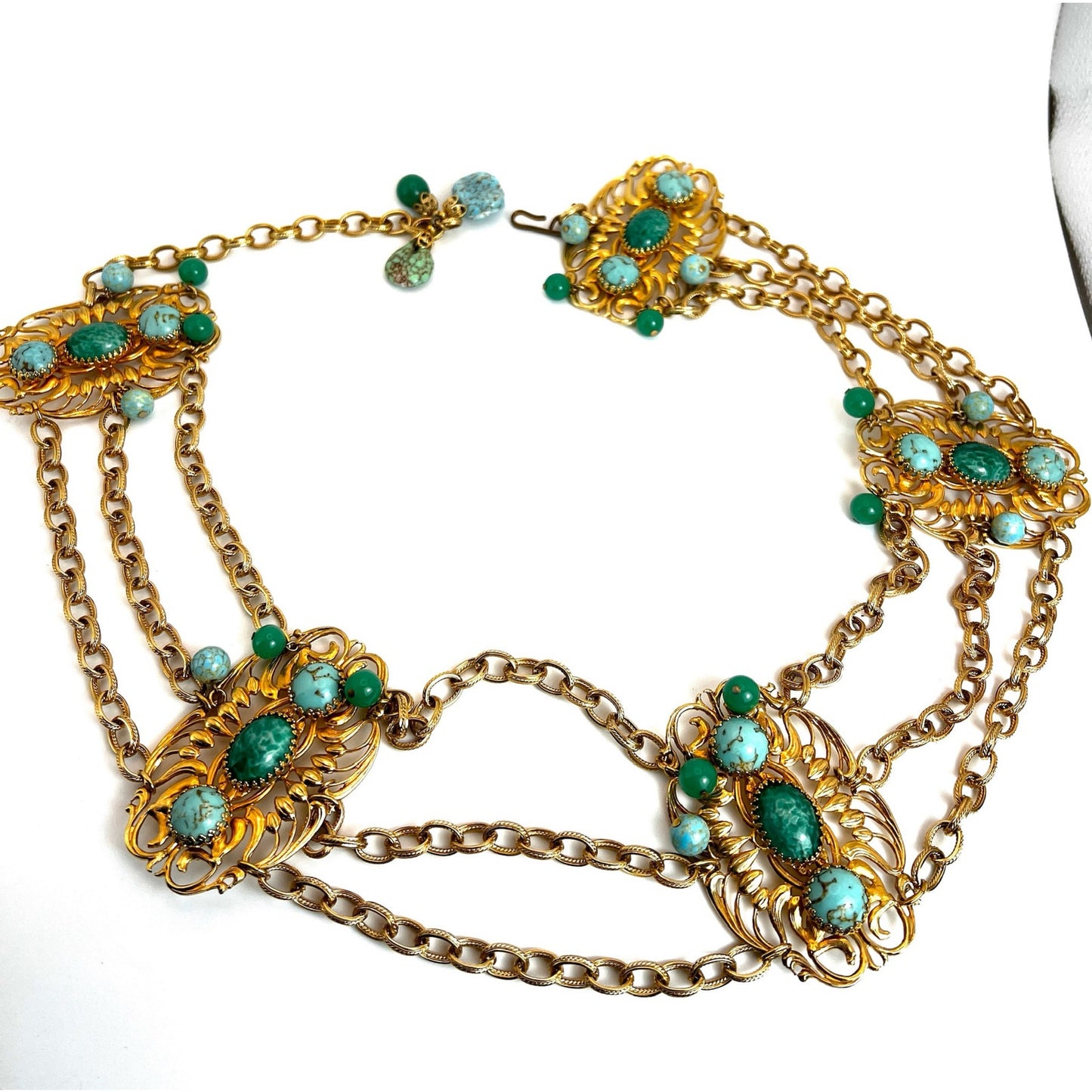 Vintage Napier cabochon gold tone and stone chain belt