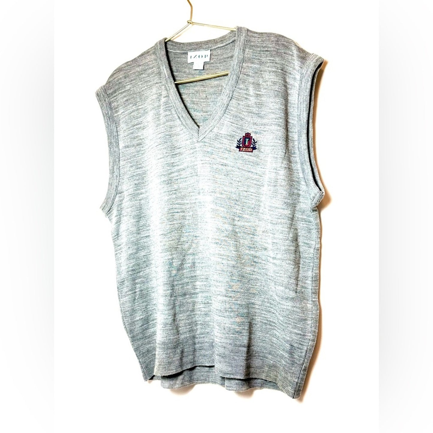 Vintage Izod Sweater Vest Mens Large Gray Made USA Acrylic Crest Logo Preppy 90s