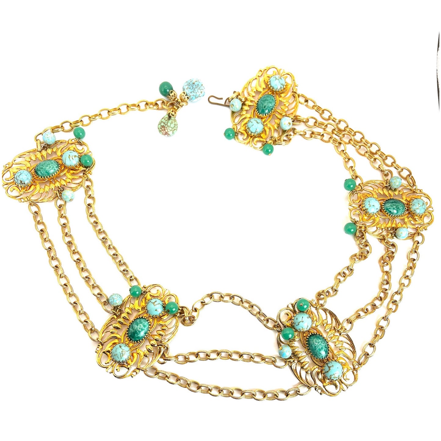 Vintage Napier cabochon gold tone and stone chain belt