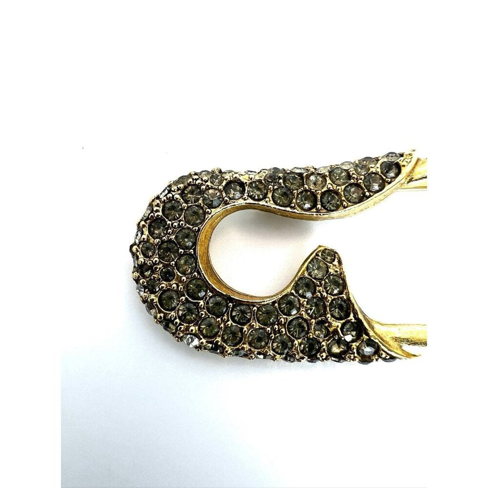 Vintage Signed Graziano Pin Safety Pin Brooch Rhinestone Gold Large