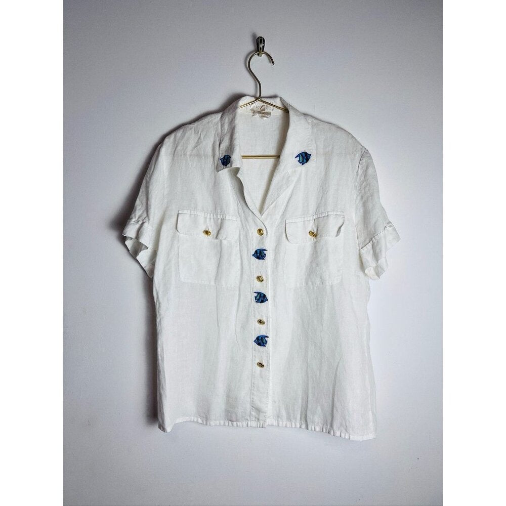 Vintage Escada Margaretha Ley Linen Fish Button Down Blouse