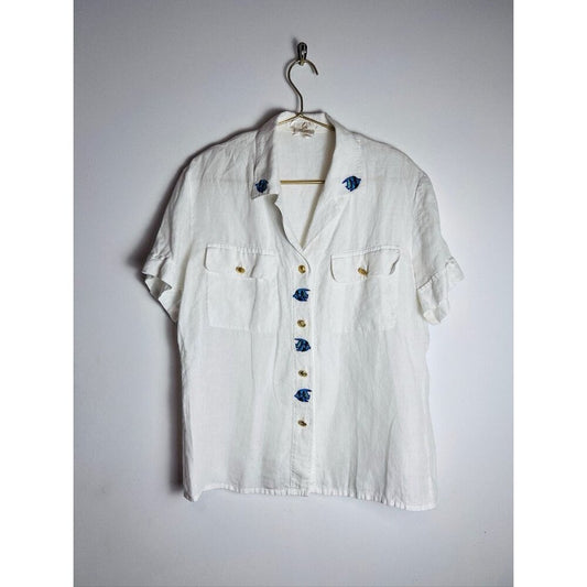 Vintage Escada Margaretha Ley Linen Fish Button Down Blouse