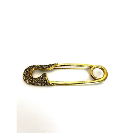Vintage Signed Graziano Pin Safety Pin Brooch Rhinestone Gold Large