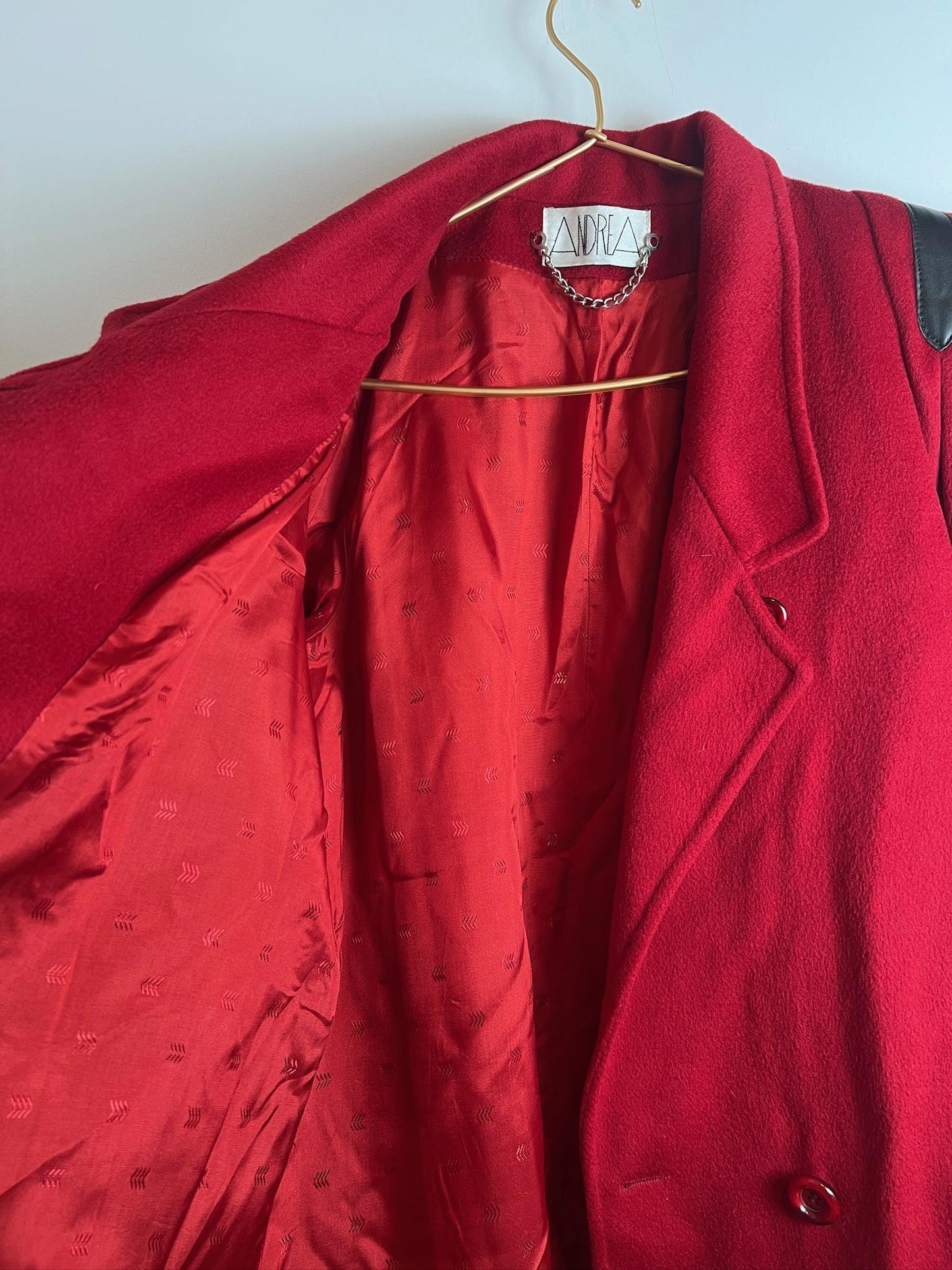 Vintage Andrea Red Pea Coat Leather Detail