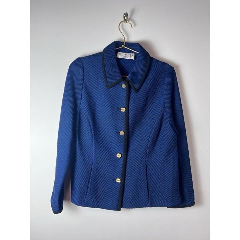 St. John Vintage Black Blue Chevron Blazer Jacket 2000s