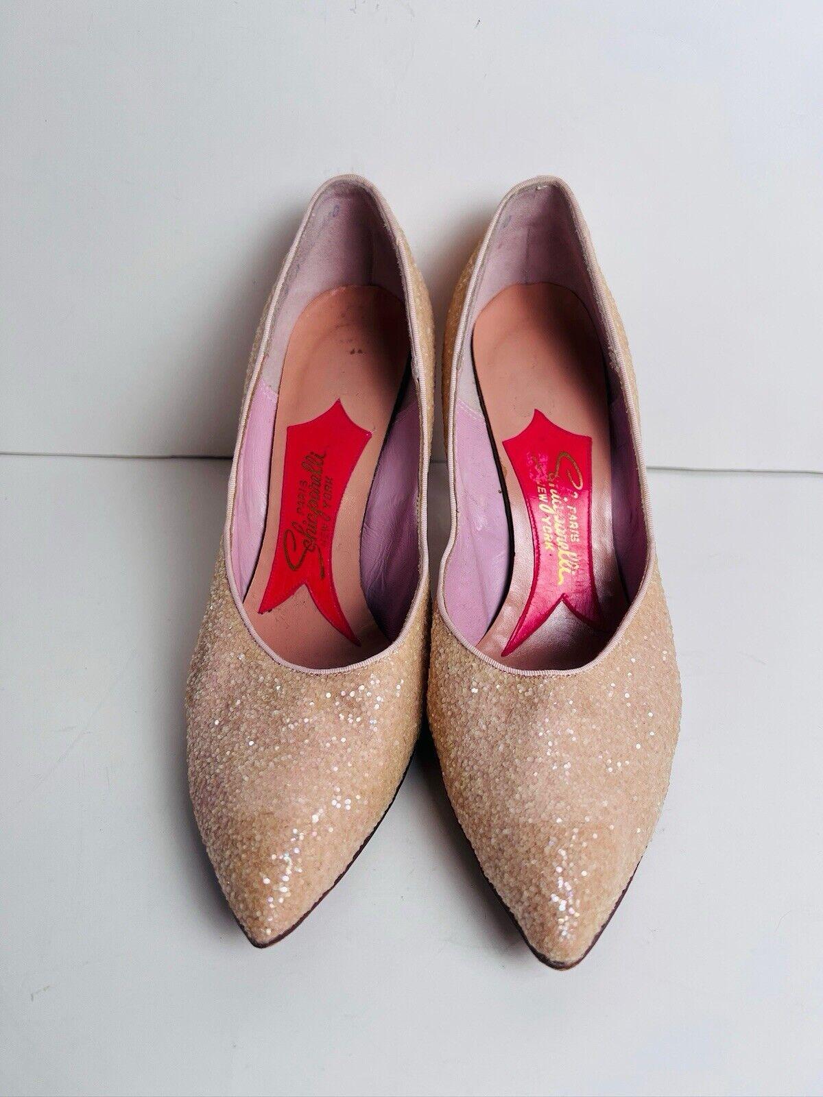 Vintage Schiaparelli Light Pink Glitter Heels 9B Stiletto