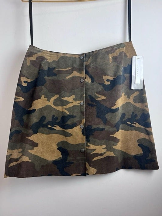 Vintage Camouflage Snap Front Mini Skirt 100% Suede Leather NWT