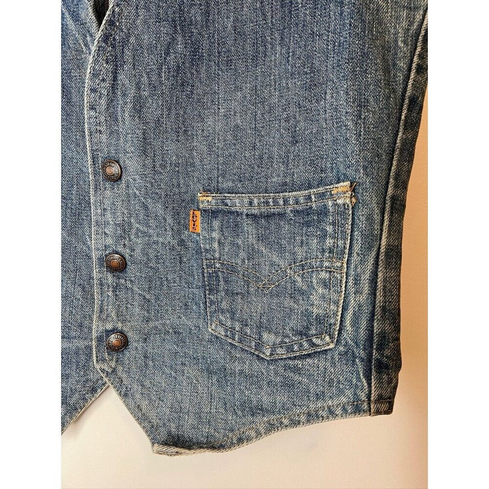 Vintage Orange Tab Levi’s Denim Vest Made in USA Snaps Custom Brooch