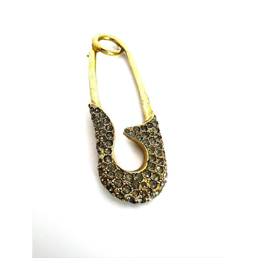 Vintage Signed Graziano Pin Safety Pin Brooch Rhinestone Gold Large