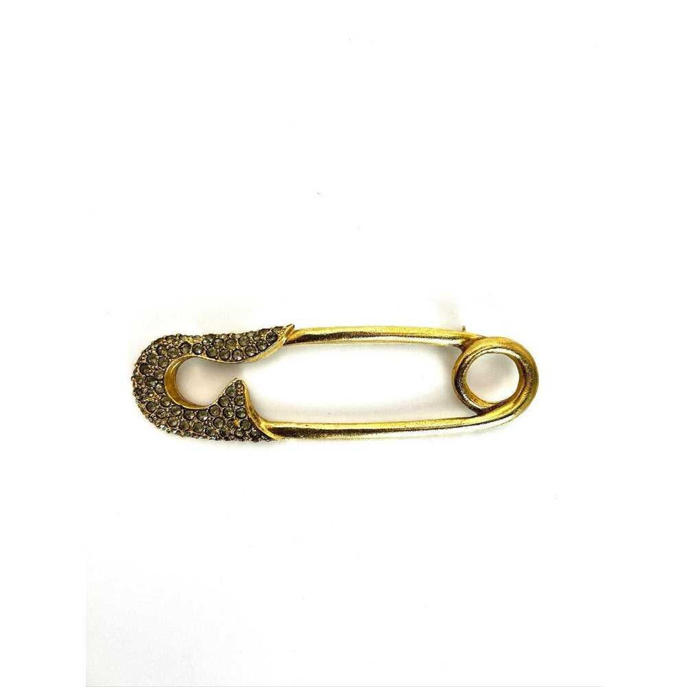 Vintage Signed Graziano Pin Safety Pin Brooch Rhinestone Gold Large