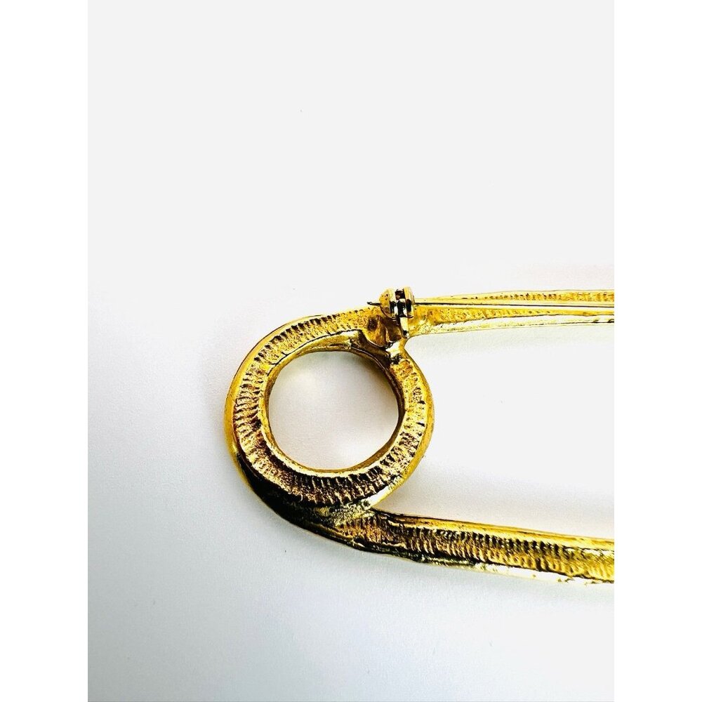 Vintage Signed Graziano Pin Safety Pin Brooch Rhinestone Gold Large