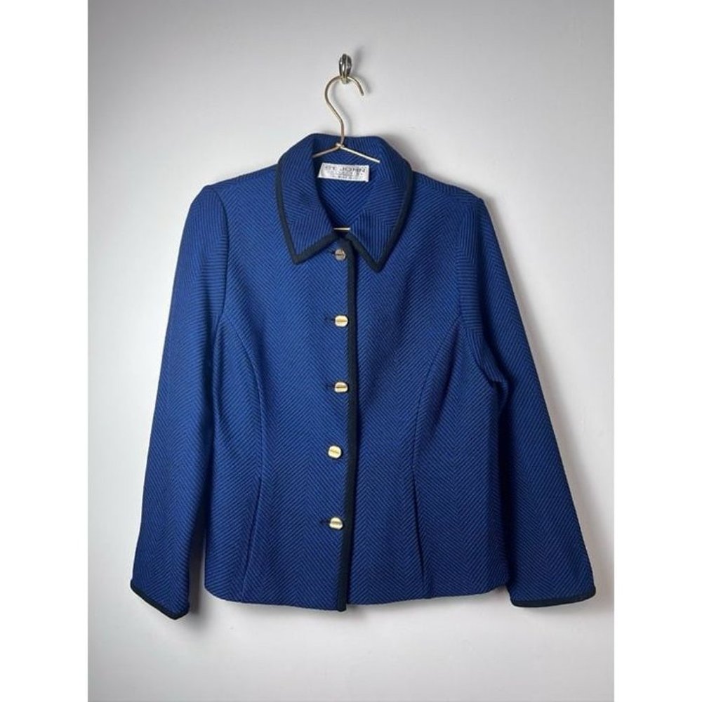 St. John Vintage Black Blue Chevron Blazer Jacket 2000s