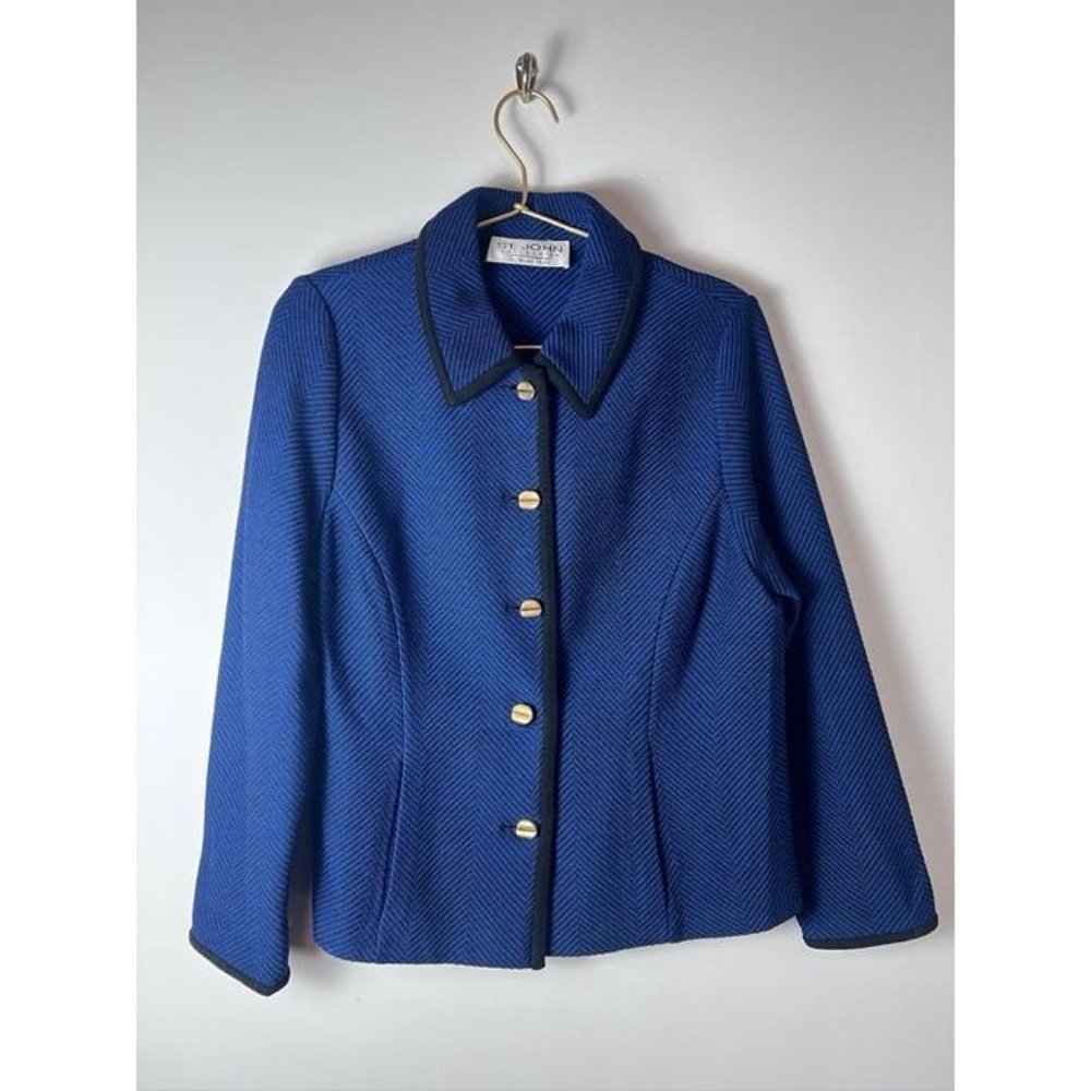 St. John Vintage Black Blue Chevron Blazer Jacket 2000s