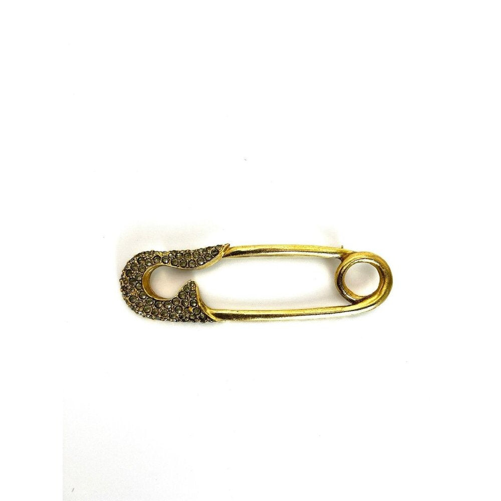 Vintage Signed Graziano Pin Safety Pin Brooch Rhinestone Gold Large