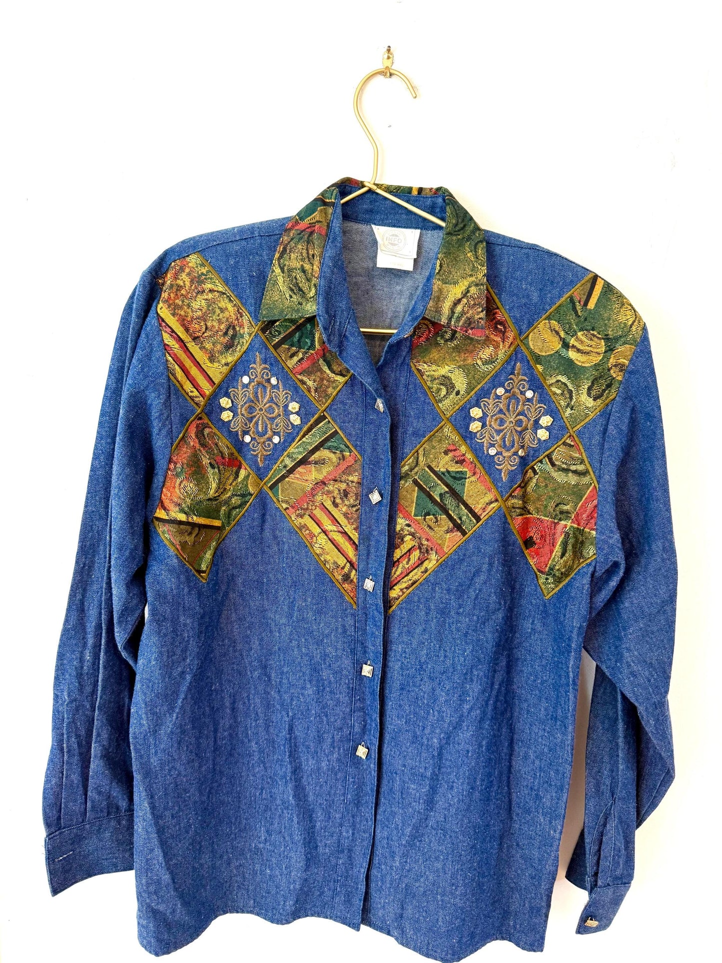 Vintage denim western USA info button down small 90s