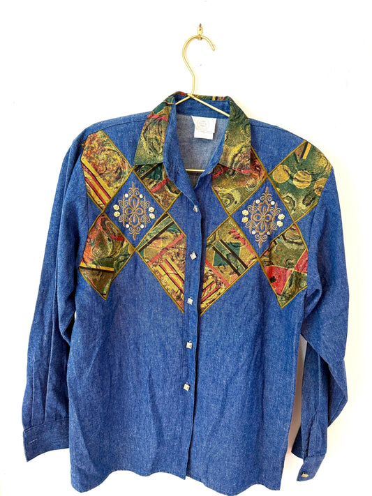 Vintage denim western USA info button down small 90s