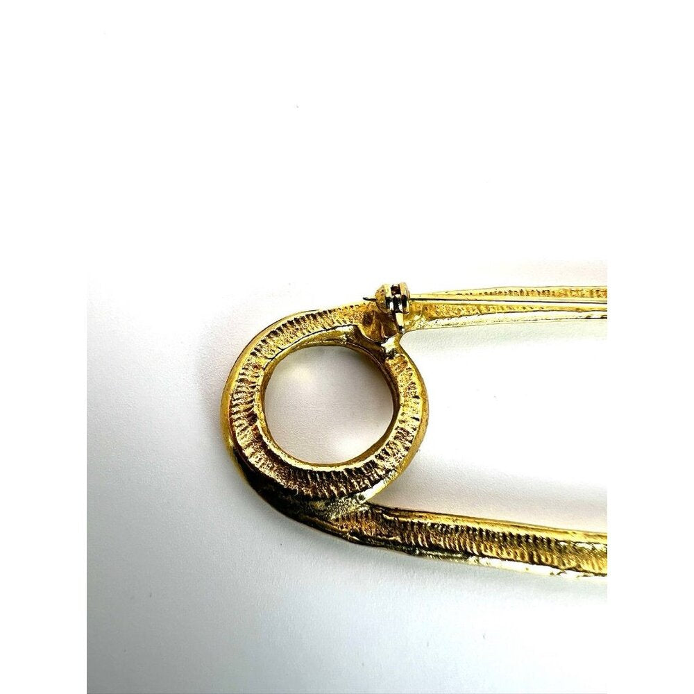 Vintage Signed Graziano Pin Safety Pin Brooch Rhinestone Gold Large
