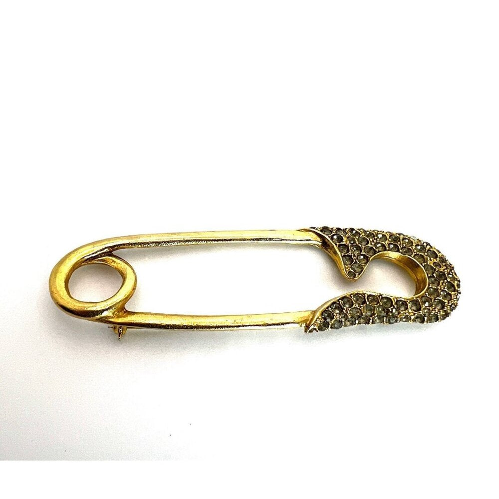 Vintage Signed Graziano Pin Safety Pin Brooch Rhinestone Gold Large