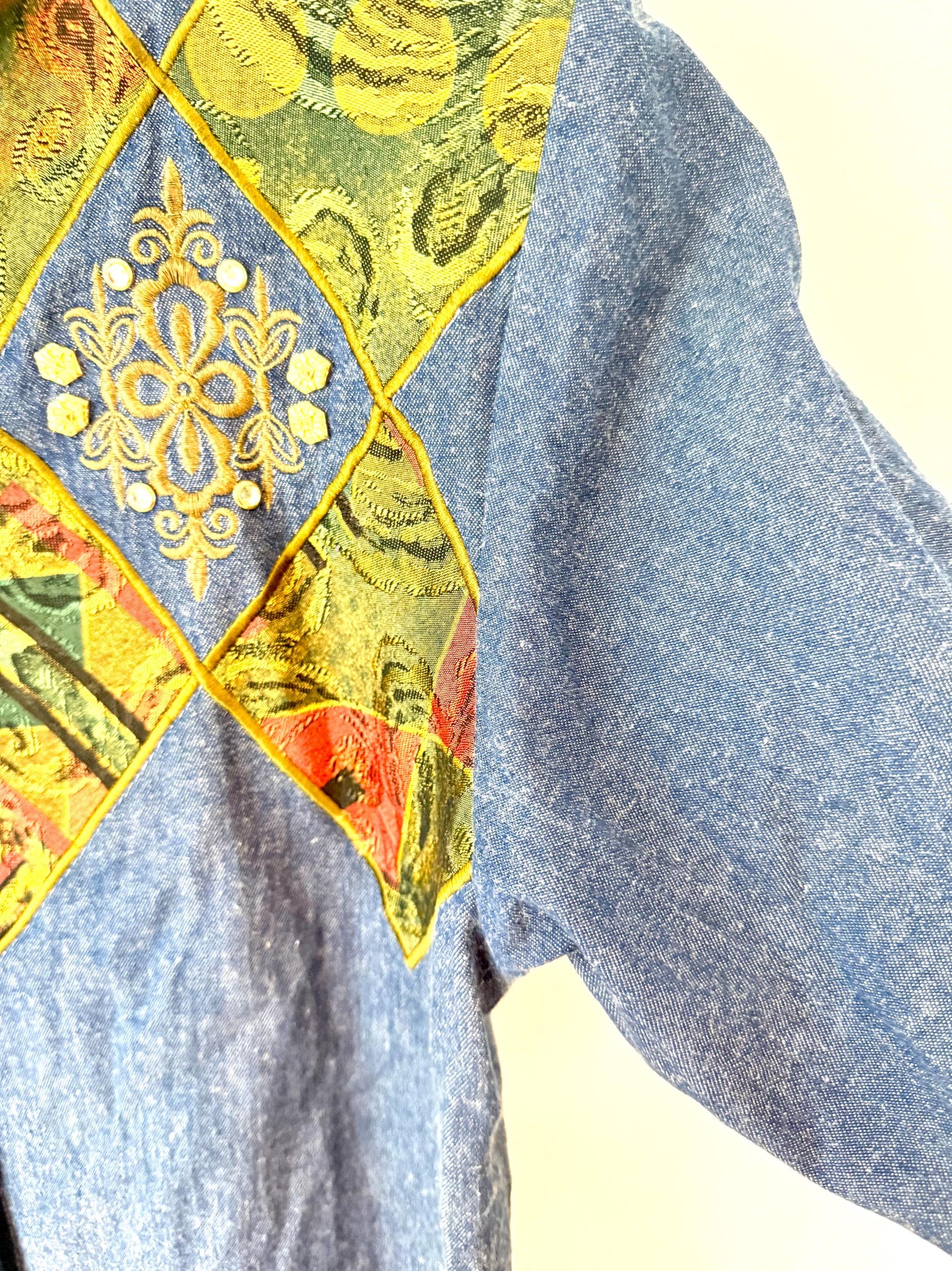 Vintage denim western USA info button down small 90s